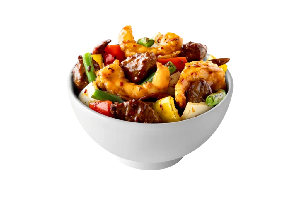 Panda Express Firecracker Steak & Shrimp with wok-seared steak, shrimp, vegetables, and a spicy black pepper sauce, served with steamed rice or chow mein